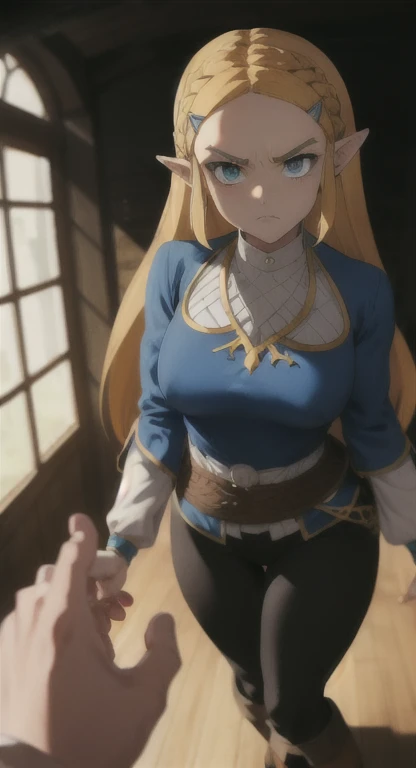 Princess Zelda, glaring at viewer, SFW blue shirt and black pants, living, standing, POV,