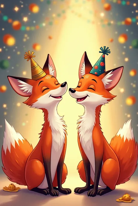 Two foxes with hats and happy new year decoration 