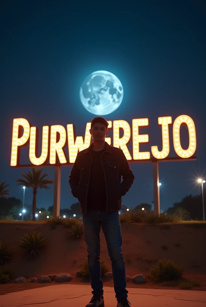  This image shows a man posing in front of a large glowing inscription that reads  " Purworejo ",  with night and moonrise background .  The person is wearing a black jacket of jeans and standing on a platform or stage,   There is lighting from below highl...