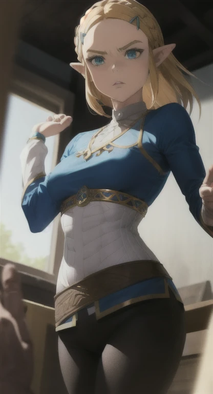 Princess Zelda, glaring at viewer, SFW blue shirt and black pants, living, standing, POV, raised hand pose,