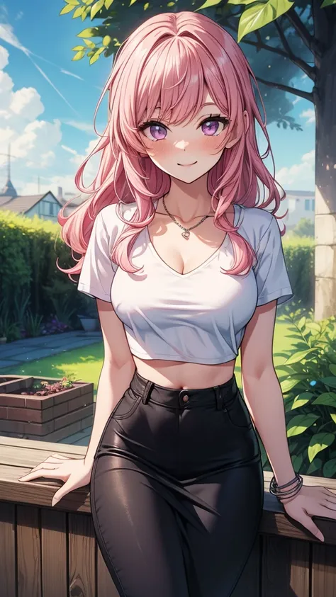 ((masterpiece, best quality:1.3, high detail)), beautiful woman (leaning), smile, long wavy hair, (pink hair), hairpin, bright purple eyes, light blush, ((white t-shirt v-neck crop top)), (long black midi pencil (skirt)), midriff, navel, necklace, bracelet...