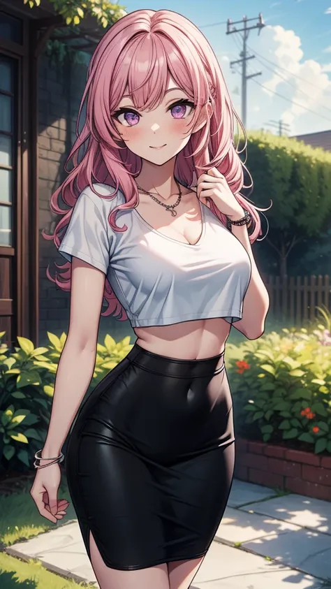 ((masterpiece, best quality:1.3, high detail)), beautiful woman (leaning), smile, long wavy hair, (pink hair), hairpin, bright purple eyes, light blush, ((white t-shirt v-neck crop top)), (long black midi pencil (skirt)), midriff, navel, necklace, bracelet...