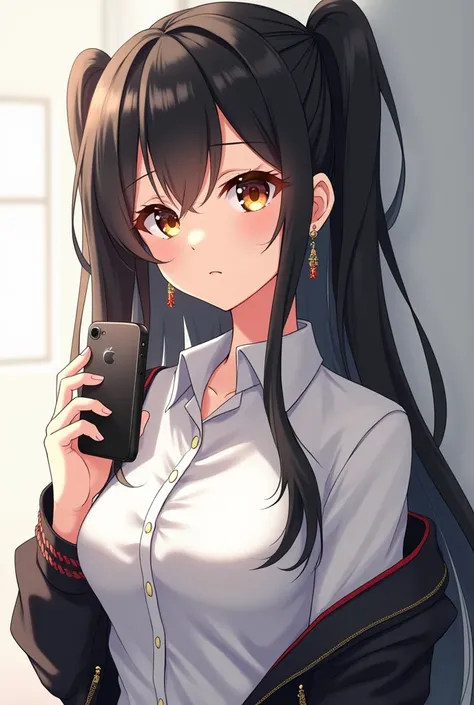  Anime half body of a woman with long black hair in two ties carrying an iphone mobile phone and a slightly orange-brown gold eye color using a white shirt with outer or a luxurious and elegant ash jacket with a combination of several accessories such as e...