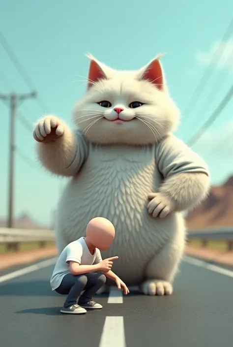 make a cute big white cat wearing a shirt pointing at a bald man who is squatting wearing a white shirt on a highway with a realistic 3D highway background