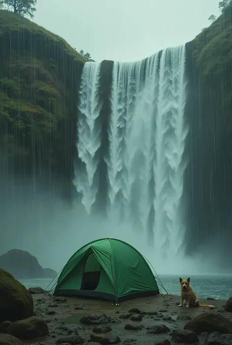 Normal green faceless tent with heavy rain falling by Cachoeira dog drawing