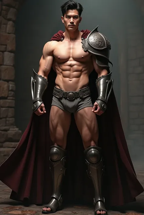 shirtless muscle handsome Korean man dress up as medieval knight and only wearing brief underwear and has big bulge