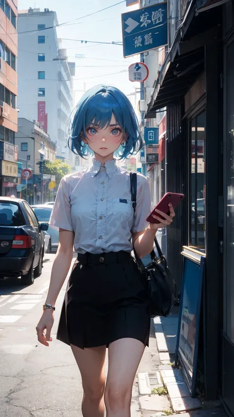 20-year-old blue hair shortcut, A look of determination　Staring at a smartphone Beautiful Youth Around town 青髪/ light blue hair with a slender body,  shortcuts, Cafe