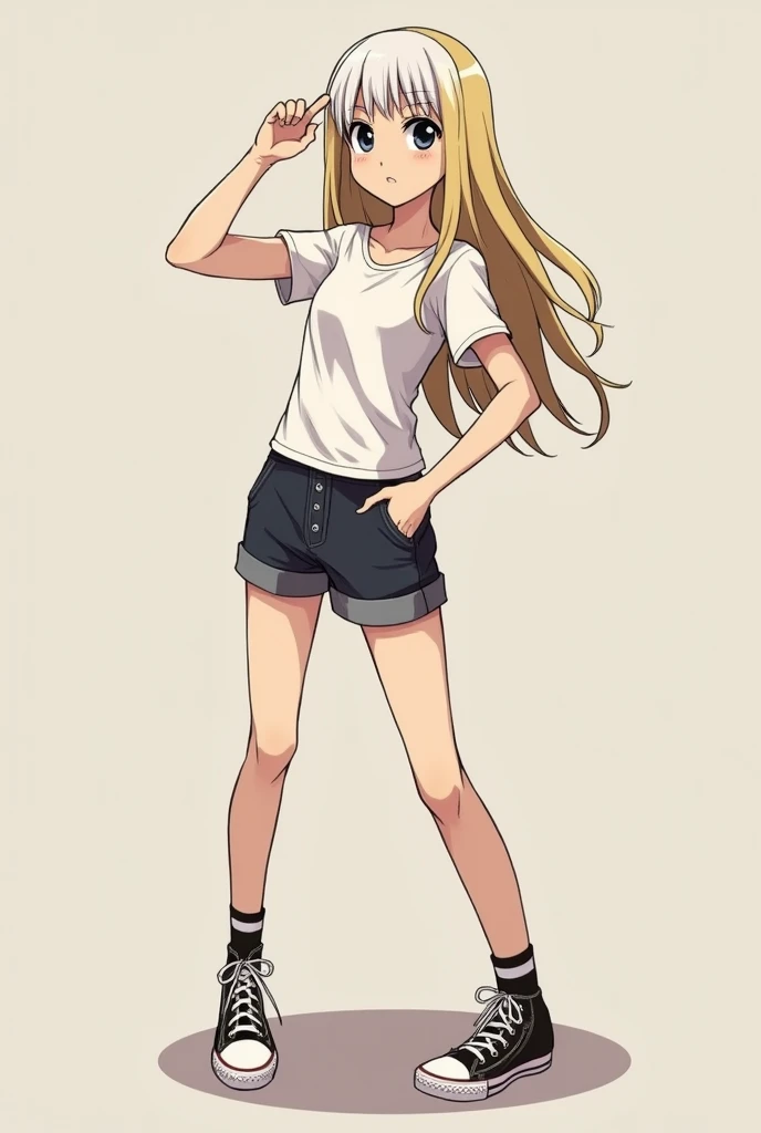 A girl from Boku no hero Academia, , with deep black eyes ,  beige hair with white front locks , brown white leather color ,  pretty legs.  Shean low-rise clothing with a short white t-shirt and Converse sneakers 