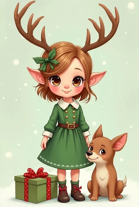 cartoon girl with reindeer antlers and a dog wearing a green dress, a pastel inspired by Rudolph F. Ingerle, reddit, digital art, elf girl, an elf, digitally colored, presents, cartoonish cute, little elf girl, little elf tomboy, teen elf girl, cel shaded:...