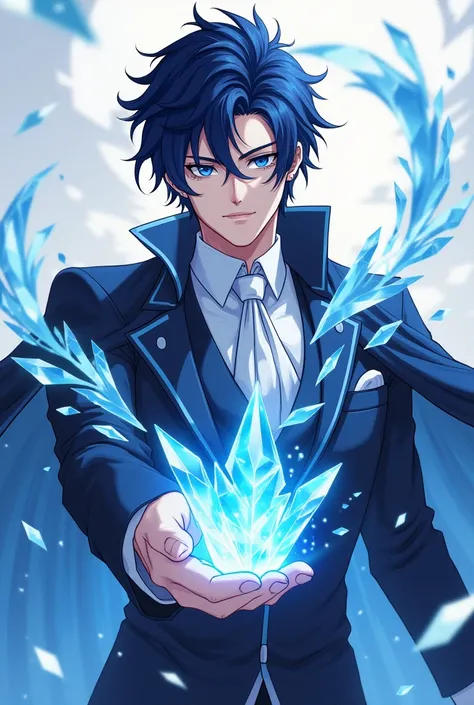 Uncrowned King Dark blue hair ice element magic Wearing formal attire Handsome Anime Girl version