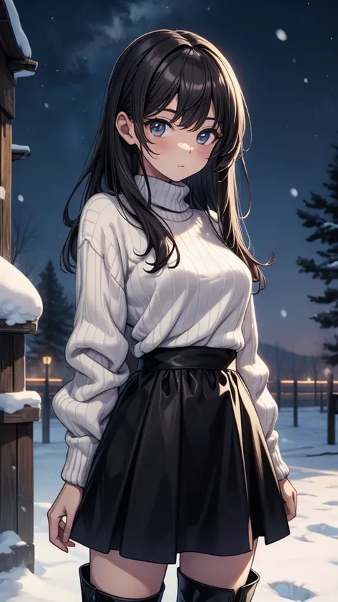 ((masterpiece, best quality:1.3, high detail)), beautiful woman, looking at viewer, long hair, (dark brown hair), solo focus, one person only, (white sweater, (long black skirt), (long tight skirt:1.2), boots, outdoors, (night sky, snow), (upper body),