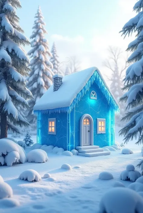  Little cabin made out of blue ice and everything snowy 