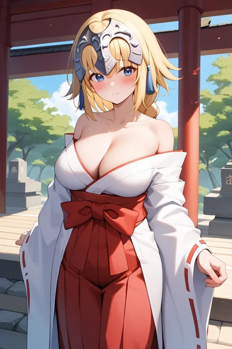 masterpiece,best quality,{{detailed beautiful face and eyes}}, 
Jeanne DArc,{{{megami magazine}}},long hair,blonde hair,single braid,hair between eyes,headpiece,blue eyes,large breasts,
(miko:1.1),{{red hakama}},hakama skirt, japanese clothes, kimono,wide ...