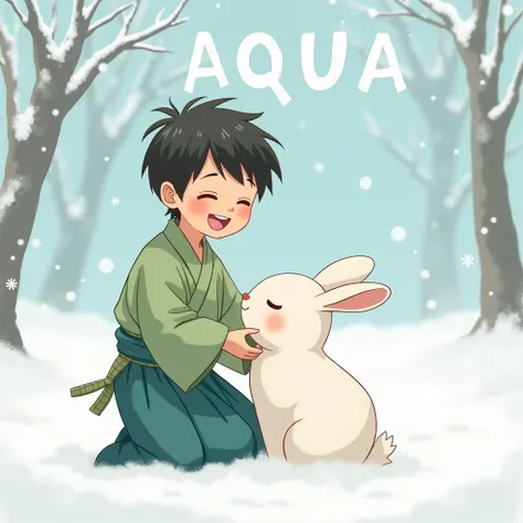 A boy with a cute rabbit、 wearing a green hakama 、In the snow、 put AQUAs name in capital letters、 happy、