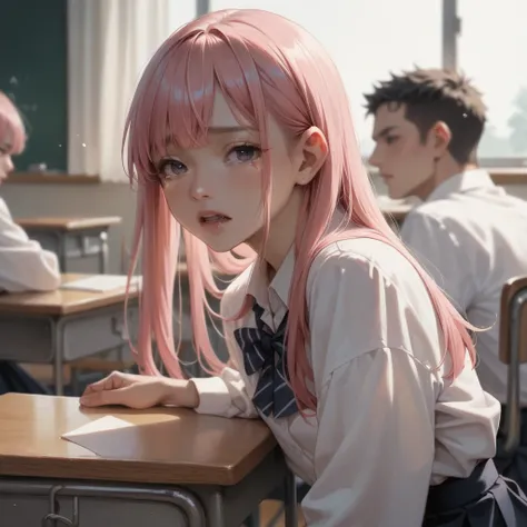 japanese girl. Pink hair with bangs. Tears. Classroom . Threesomes