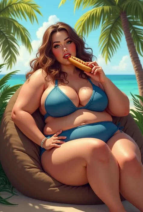 hot sexy chubby girl in a blue small bikini sitting in a beanbag over a palm tree eating a hotdog and the excess fat pouring around her bikini panties and weighs 160 pounds and 54