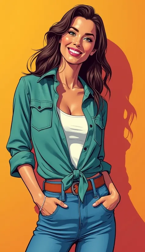 DISCREET image. with discreet casual clothes. with discreet dress . image adult woman, american, comic book style. SHE IS HAPPY AND GRATEFUL, with a discreet smile. IMAGES WITH VIBRANT COLORS. with Colorful background