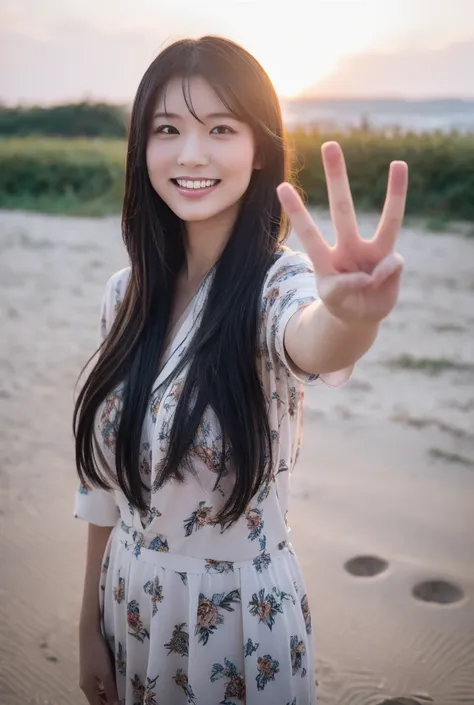 Japanese beauty with long black hair waving a big hand。 open five fingers on the palm of your hand
sandy seashore　 has a nice smile　The moment the sun rises
8k HD 