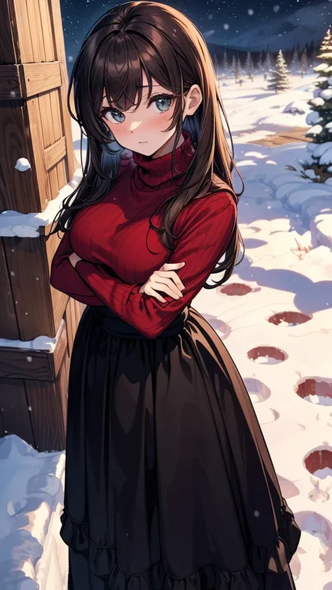 ((masterpiece, best quality:1.3, high detail)), beautiful woman, looking at viewer, long hair, (dark brown hair), solo focus, one person only, (red sweater, (long black skirt), (long skirt:1.6), boots, outdoors, (night sky, snow, snowfall), (upper body), (...