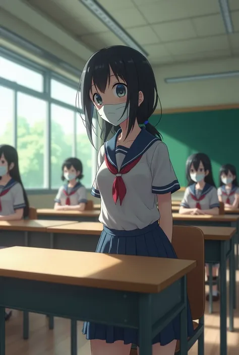 students in a classroom wearing masks and sitting at desks, a picture by Ayami Kojima, tumblr, happening, typical anime classroom, japanese high school, video still, sitting in the classroom, wearing japanese school uniform, a hyperrealistic schoolgirl, ja...