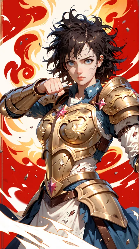 (masterpiece), ( top quality ), ( 1 woman ),  Girl Wearing Golden Armor,  Cool Pose , battlefield background, Flame Background,  Holy Warrior Star Armor ,  Messy Hair,  Broken armor ,  Broken Shirt 