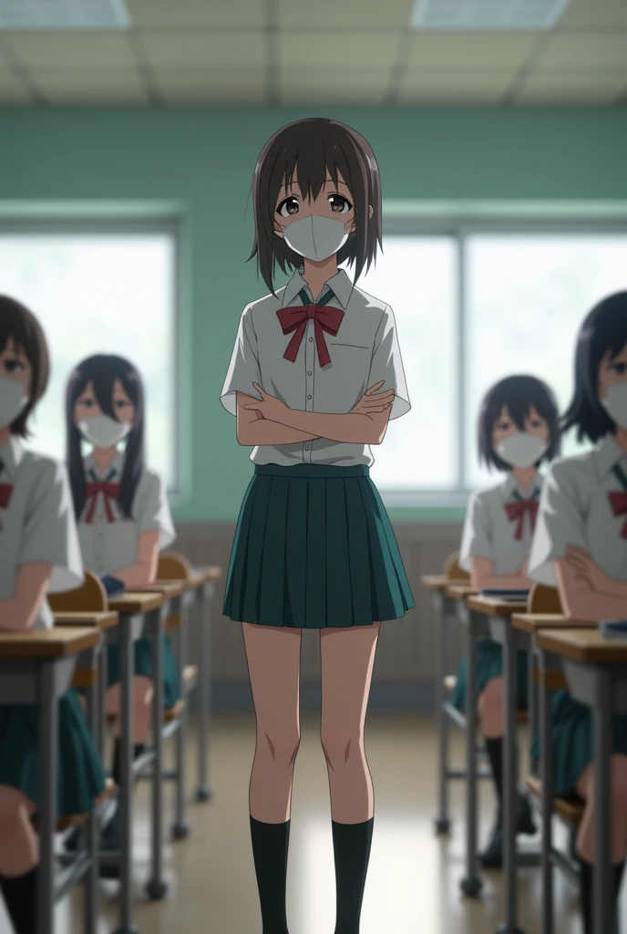 students in a classroom wearing masks and sitting at desks, typical anime classroom, japanese high school, video still, sitting in the classroom, wearing japanese school uniform, a hyperrealistic schoolgirl, japanese school uniform, sat at a desk, in a cla...