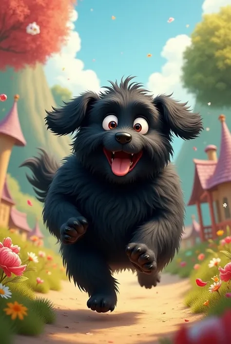  Create Disney Pixar images of a black dog,elderly,Shaggy,gorda,shorty,short legs ,Bouncing Happily  