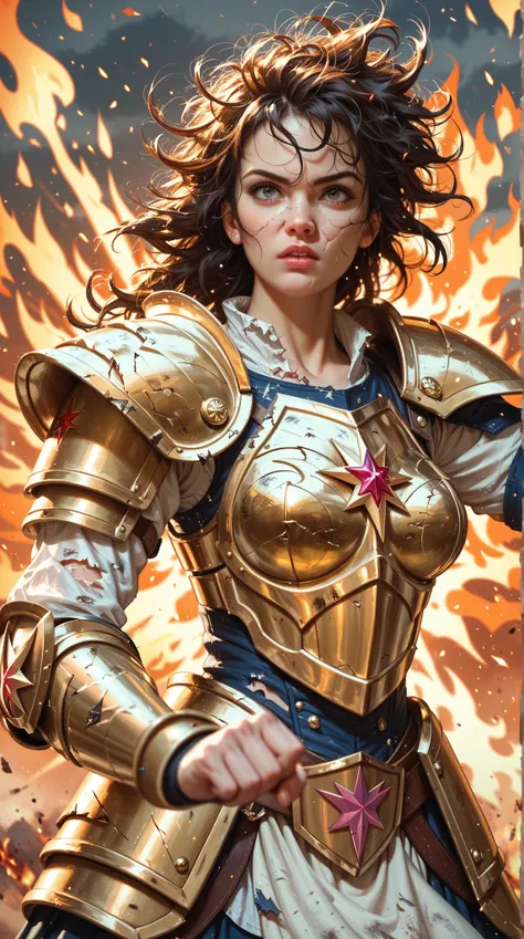 (masterpiece), ( top quality ), ( 1 woman ),  Girl Wearing Golden Armor,  Cool Pose , battlefield background, Flame Background,  Holy Warrior Star Armor ,  Messy Hair,  Broken armor ,  Broken Shirt 