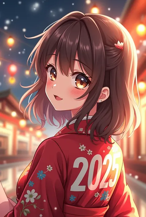 anime style woman,  medium long brown hair , hazel eyes and New Years clothing and back that says 2025