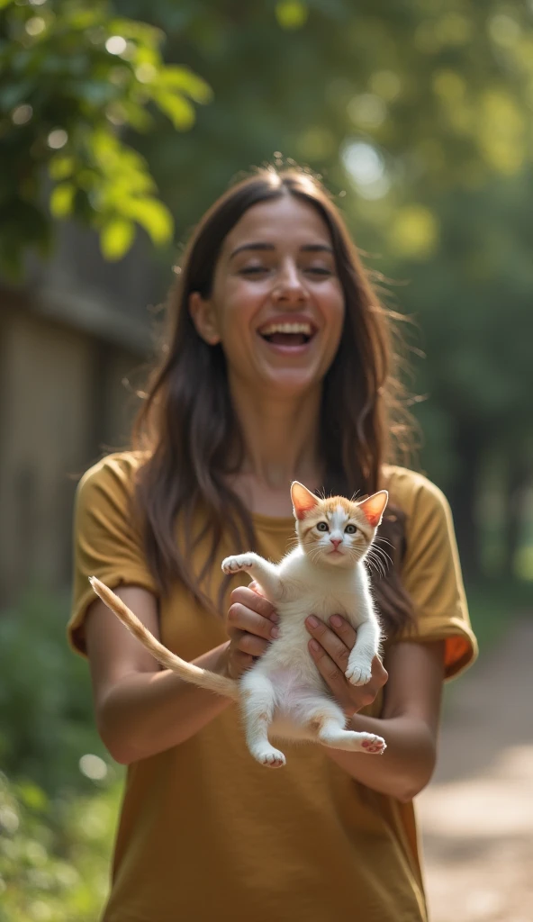 Ultra-realistic photo 8k , happy young Brazilian woman with round face .  tries to throw the cat away holding it by the tail ,  the cat must be in the womans hand only by the tail without touching the ground