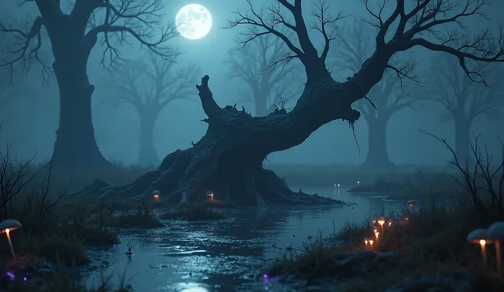 ((nature, fantasy, full-body-short, wide-angle-shot, 16:9, 8k UHD)) mood: sadness and despair, create a hyper-realistic rotten marshland, a little fiery light dances across a fallen tree, eerie bluish glow, setting is dramatic: a ghostly fog hangs above br...