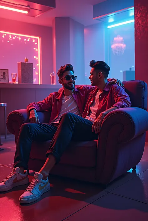 Two party boys ,  inside a club sitting in an armchair,  for a cover of a song  