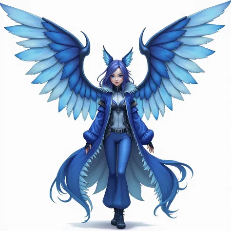  a character with large and detailed wings ,  predominantly blue with light blue and white accents , suggesting a feather texture .  She is wearing a long blue coat with intricate designs and a turtleneck,  combined with pants of the same color .  The outf...