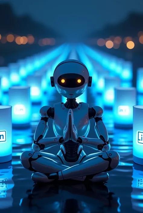 "A hyper-realistic 8K photograph of an ultra-modern robot in a meditative Namaste pose, surrounded by floating lanterns like at the Loy Krathong festival. Each flashlight features the LinkedIn logo and its unique colors, emitting soft blue light. The scene...