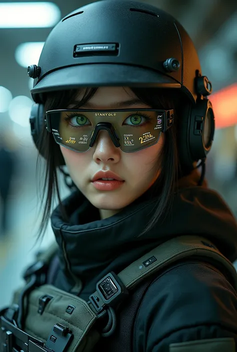 masterpiece: 1.2, Distinctive Quality, Mirror-Like, Cinematic Experience), 8k, wallpaper, Ray Tracing, (Korean woman with green eyes), (Wearing futuristic tactical glasses: 2.0, Tactical data is displayed on the glasses: 2.0, Detailed design of the glasses...