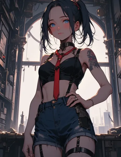 1girl, black hair, side ponytail, black eyes, medium breasts, , fists on waist,black bra,red tie,Micro Short Jeans Mini,, from below, general, masterpiece, best quality, very aesthetic, perfect lighting,