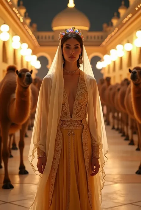 A realistic picture event with Arabian Nights theme. A woman in a peach white robe, gold lehenga dress, colourful crown headwear with a gold sash, golden arabic dress. Background features royal palace architecture, camels, golden lights. Background is word...