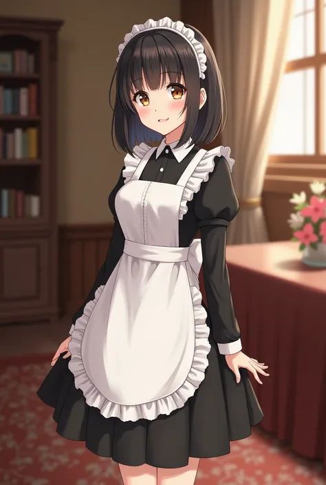 Girl with medium-short black hair with brown eyes and dressed as a maid  