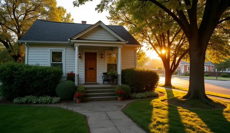  A small, unassuming house on the corner of Lexington Avenue at dusk. The golden sunlight filters through the trees on the side of the road, casting long shadows across the front yard. The house has a wooden front door, painted white, with a small porch, s...