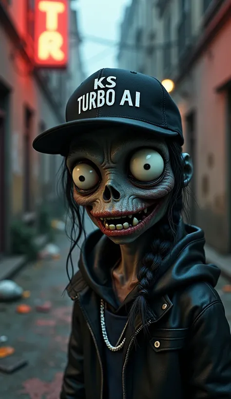 **"An ultra-realistic zombie with a rapper style, wearing a black cap with KS TURBO AI written in bold white letters. The zombie has a humorous, exaggerated expression, with large, expressive eyes and a trendy outfit featuring oversized accessories and a c...