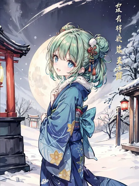 (( top quality )), ((masterpiece)), ( Details),Scenery of praying at a Japanese shrine, Side View, gorgeous Japanese blue kimono,Long sleeves, scarf with fur , show your teeth and laugh,Shortcut hairstyle with buns on the left and right, green hair, blue e...