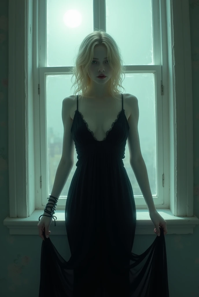 Ghostly blonde woman standing in front of a very pale night window dropping her black dress sexually. Looking very sad 