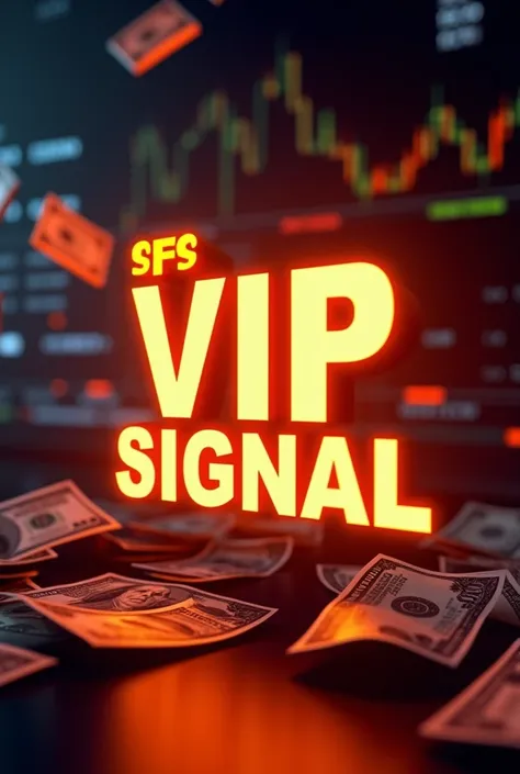 Create a high-impact financial promotional banner with bold, glowing text in orange and white "SFS VIP SIGNAL"  glowing text Surround the text with a background of floating cash, stock market charts, and glowing lines. Use a modern, high-tech style with re...