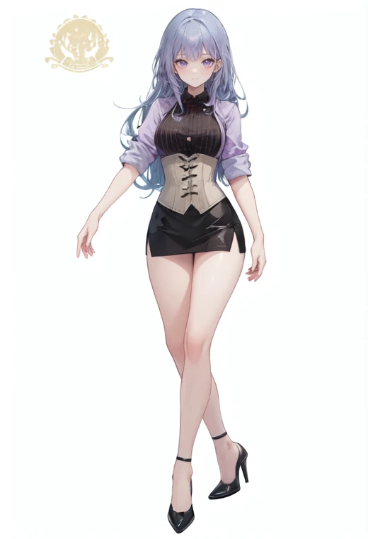 Purple hair,long hair,Adult female,(bartender),(Oversize jacket),((Rolling up your sleeves shirt)),(corset),(Tight skirt),(high heels),((Simple background)),Smile,((Full body)),((whole body)),Character Sheet,