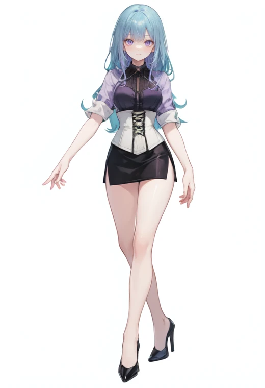 Purple hair,long hair,Adult female,(bartender),(Oversize jacket),((Rolling up your sleeves shirt)),(corset),(Tight skirt),(high heels),((Simple background)),Smile,((Full body)),((whole body)),Character Sheet,