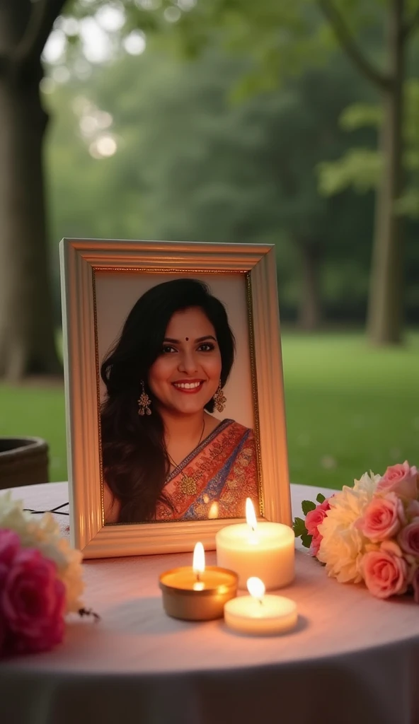 A touching tribute scene showing a framed photo of Nisha Ghimire placed on a table with candles and flowers around it, set against a softly blurred background of a peaceful garden. The image conveys a solemn yet celebratory mood of her life and legacy.