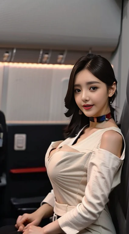  top quality, masterpiece, 8k,  super high resolution , ( realistic photo :1.4),  1 girl 、 beautiful face、Symmetrical eyes、 big boobs 、 perfect body proportions 、 background 、 viewers、(Airplane interior:1.2)、 Front View 、Shoulder、Absolute area(1.3)、laugh