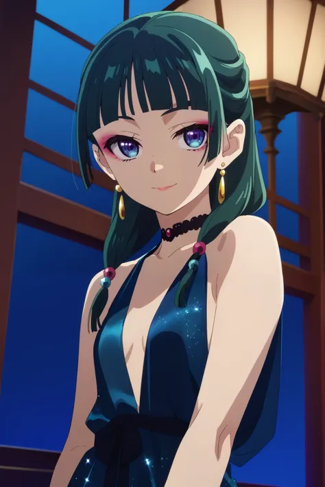 1girl, maomao, solo, green hair, long hair, blue eyes, BREAK blunt bangs, earrings, jewelry, freckles, straight hair, hair over shoulder, hair beads,  makeup, pink eyeliner, low twintails,, small breasts, pale skinned,    dynamic angle, takeda hiromitsu st...