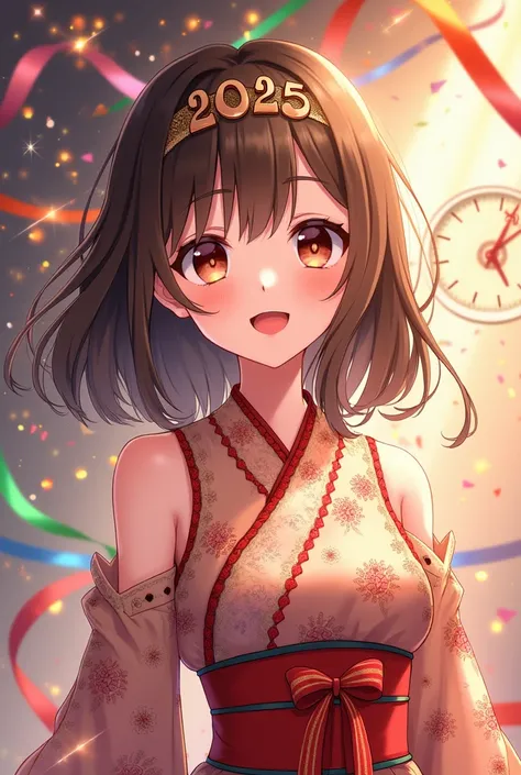 anime style woman,  medium long brown hair , hazel eyes and New Years clothing and background say 2025