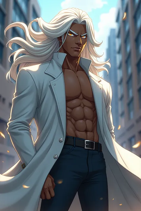 Create an image of a Boku-style character in Hero Academia, a dark-skinned character with long white hair with golden eyes with a strong body wearing an all-white overcoat. 